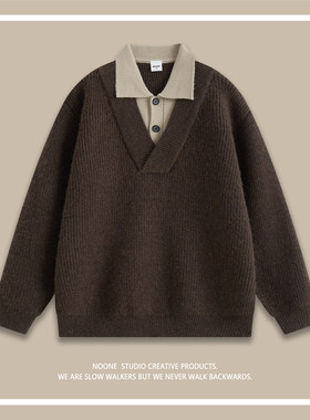 NOONE | 小众设计感 美式高街大V领翻领拼色宽松 | 男毛衣