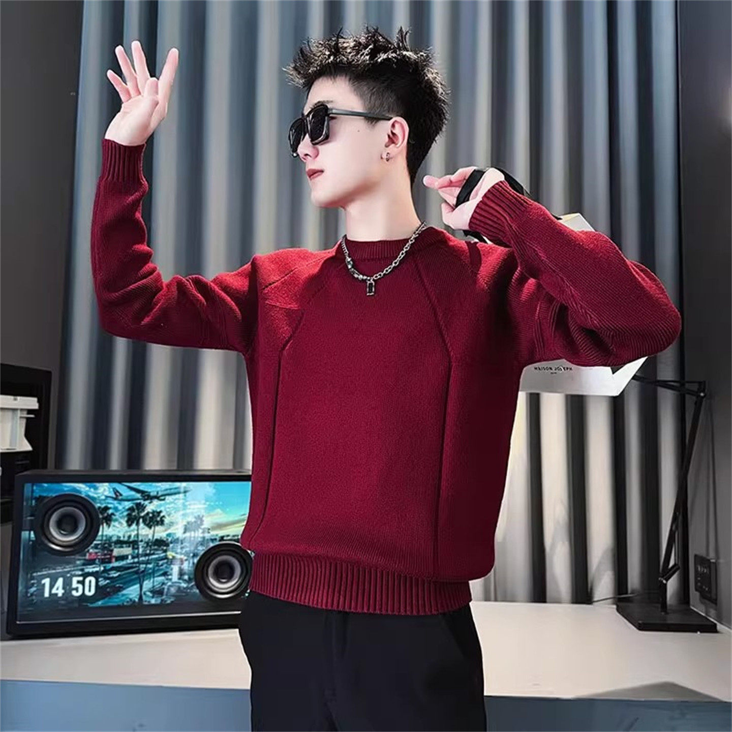 高端红色针织衫毛衣男士2025新款冬季加厚圆领内搭可外穿线衣男款
