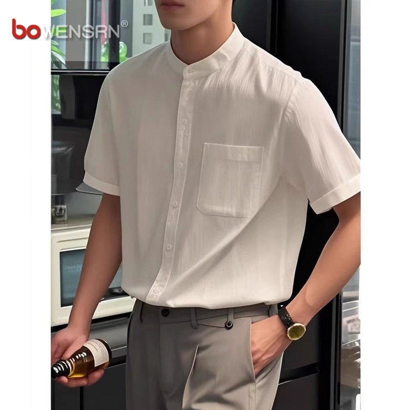 新中式立领白色短袖衬衫男士2026新款夏季轻熟风穿搭纯棉衬衣男款