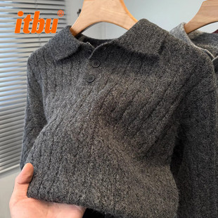 高端麻花翻领毛衣男士2025新款冬季加厚休闲POLO领针织打底衫男款