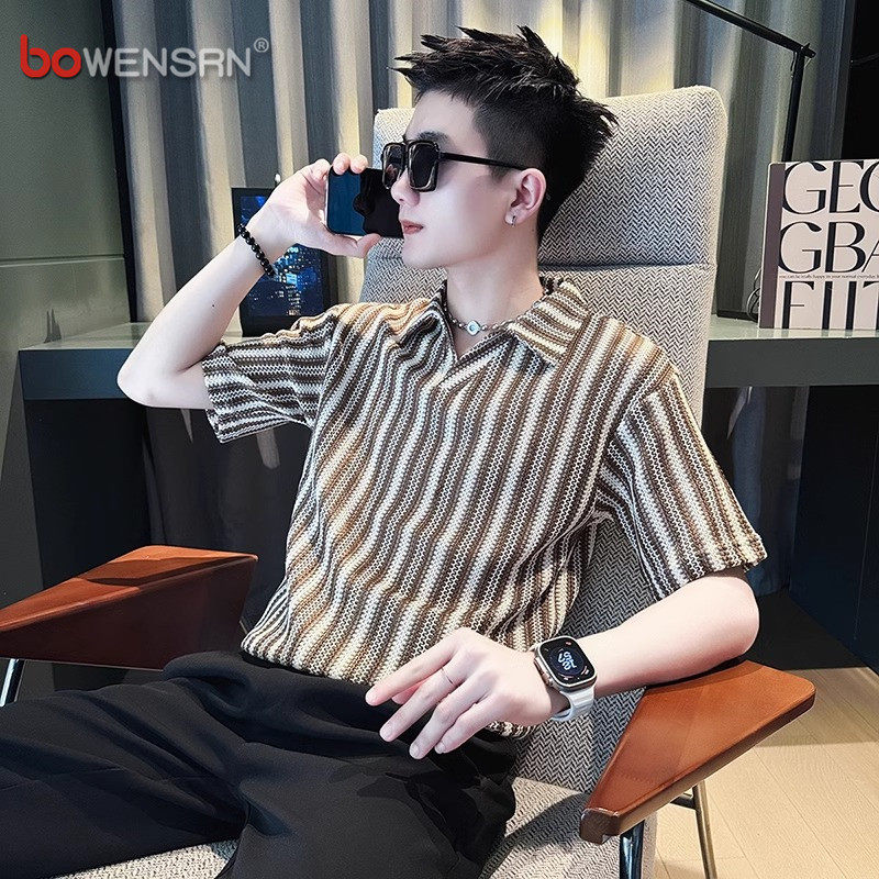 高级感条纹V领polo衫男士短袖t恤2026新款夏季潮流痞帅气上衣男款