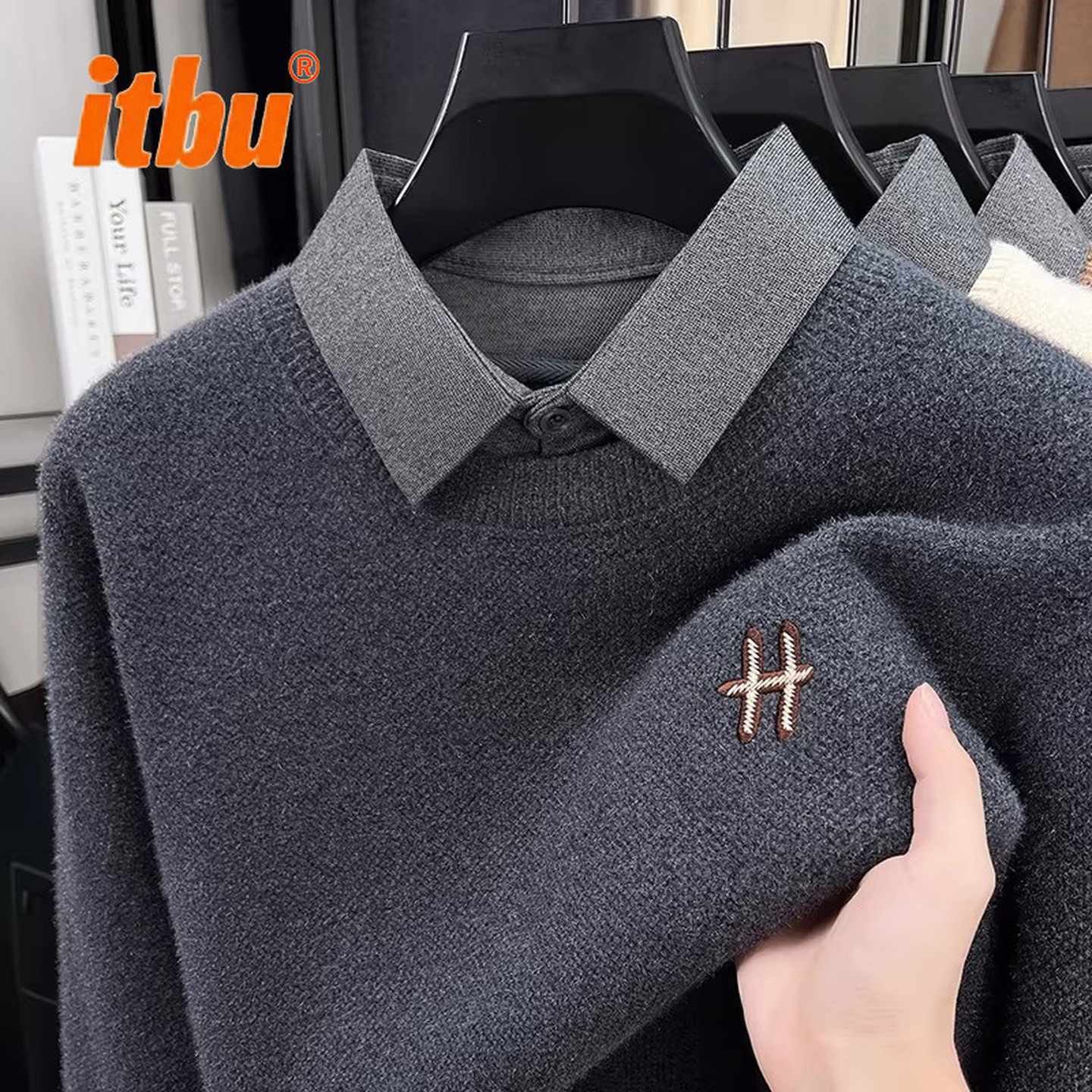 高端假两件衬衫领针织衫男士冬装2025新款加厚一体绒毛衣男款冬季