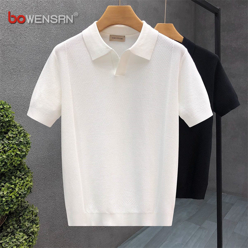 高端海鸥领针织白色polo衫男士短袖t恤2026新款夏季透气翻领男款