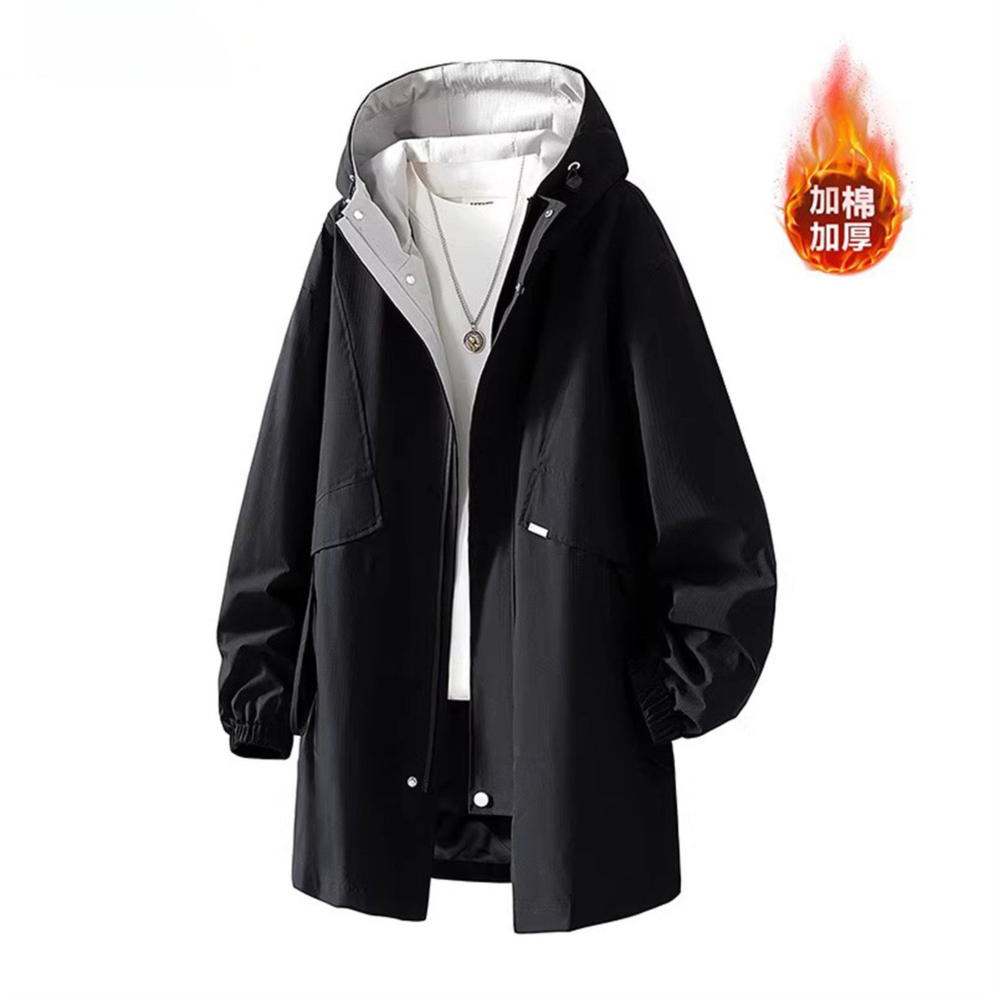 高端中长款连帽风衣外套男士2025年新款秋冬季装加绒宽松大衣男款
