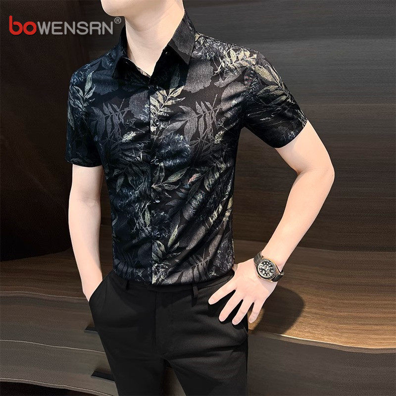 高端冰丝花衬衫男士短袖夏季2026新款高级感痞帅碎花长袖衬衣男款
