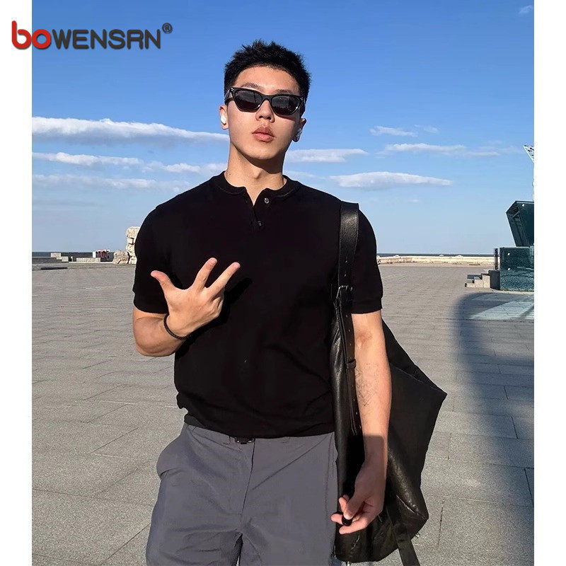 潮牌亨利领黑色正肩polo衫男士短袖t恤2026新款夏季修身体恤男款