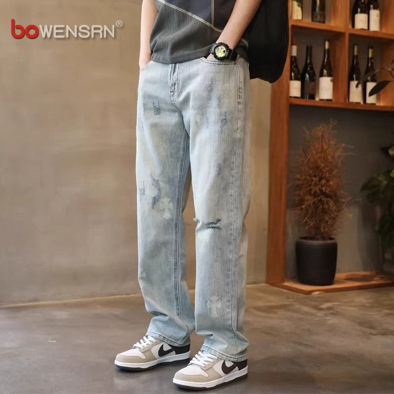 潮牌破洞直筒牛仔裤男士2026新款春秋夏季男裤浅色痞帅长裤子男款