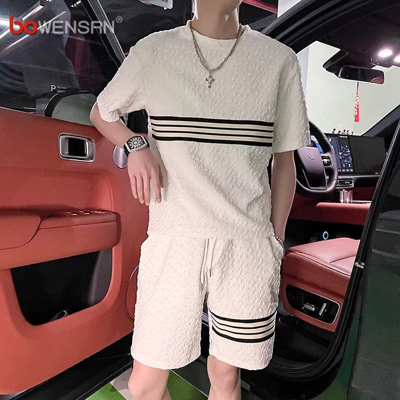 潮牌痞帅休闲套装男士2026新款夏季冰丝短袖t恤短裤搭配一套男款