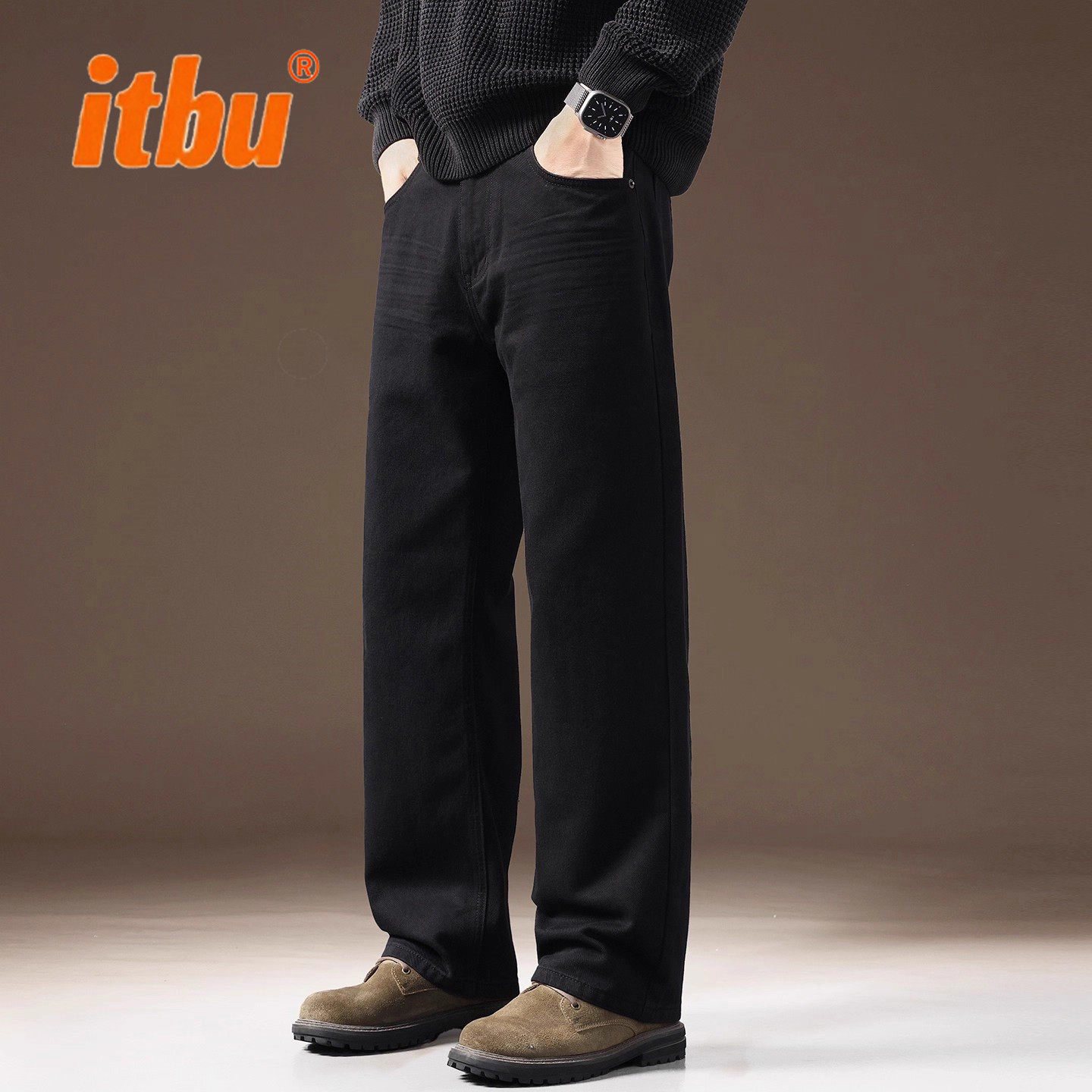 高端黑色男士牛仔裤2025新款秋冬季加绒男裤宽松直筒休闲裤子男款