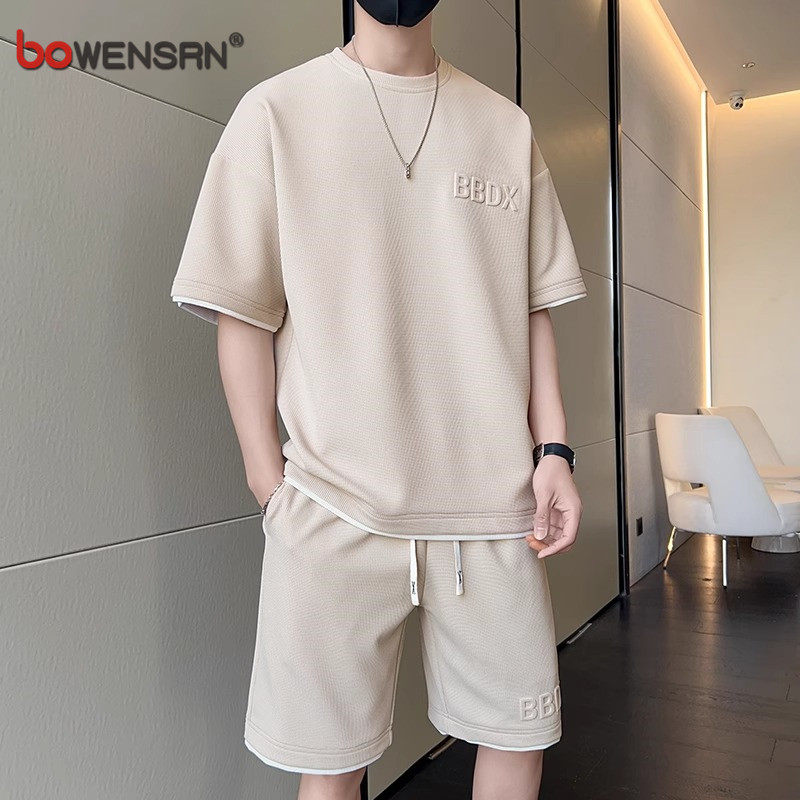 华夫格短袖T恤男士套装夏季2026新款搭配一套帅气休闲运动服男款