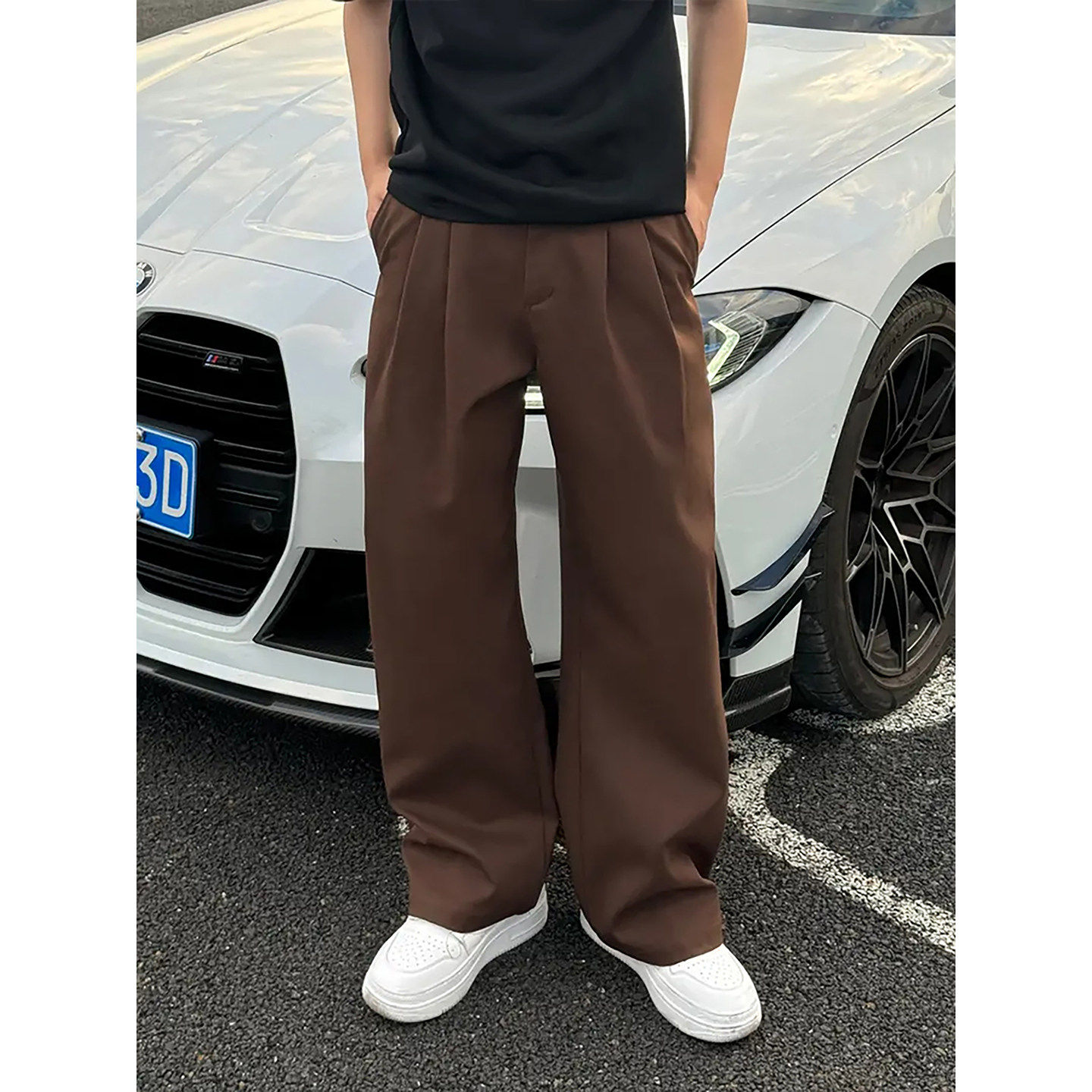 韩国Uamtor男生休闲裤春季棕色西裤垂坠感高级感弯刀裤直筒阔腿裤