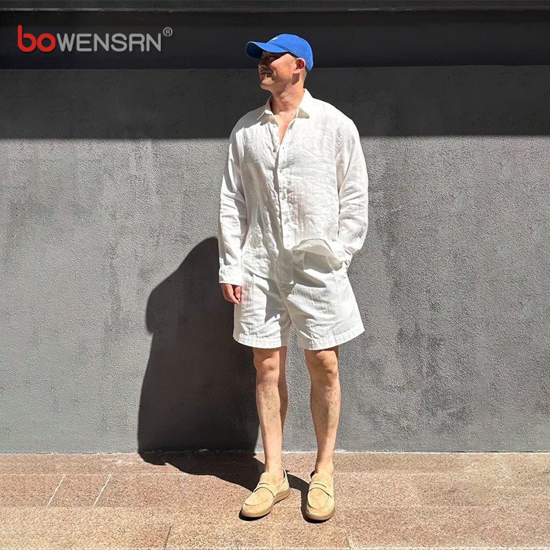 老钱风松弛亚麻感长袖衬衫套装男士2026新款夏季薄款短裤穿搭一套