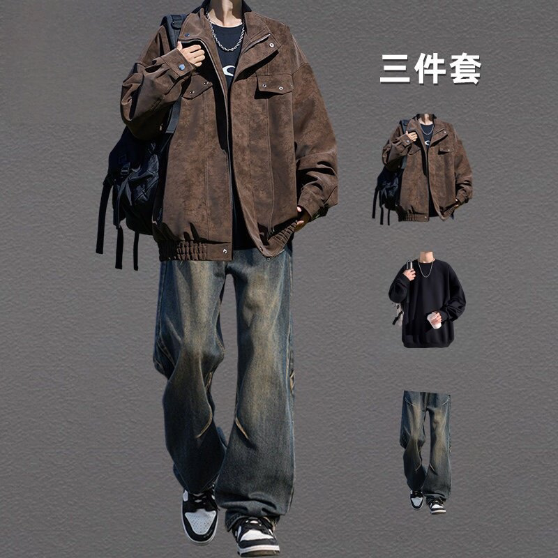 潮牌美式皮夹克外套套装男士秋季2026新款痞帅高街牛仔裤搭配一套