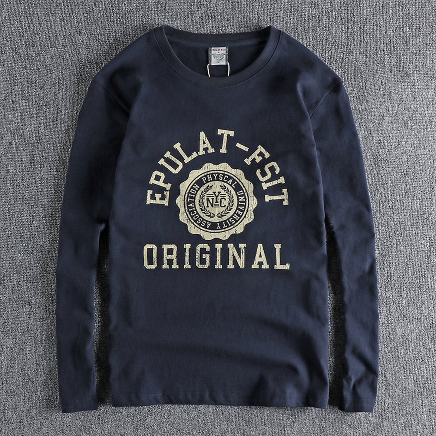 代购秋冬复古NY字母印花磨毛纯棉男士长袖T恤舒适圆领青年打底衫