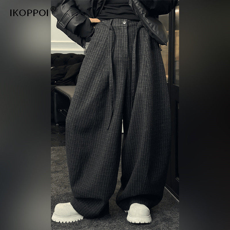 轻奢深灰色毛呢格子弯刀阔腿裤男秋冬加厚宽松bf慵懒风宽松休闲裤