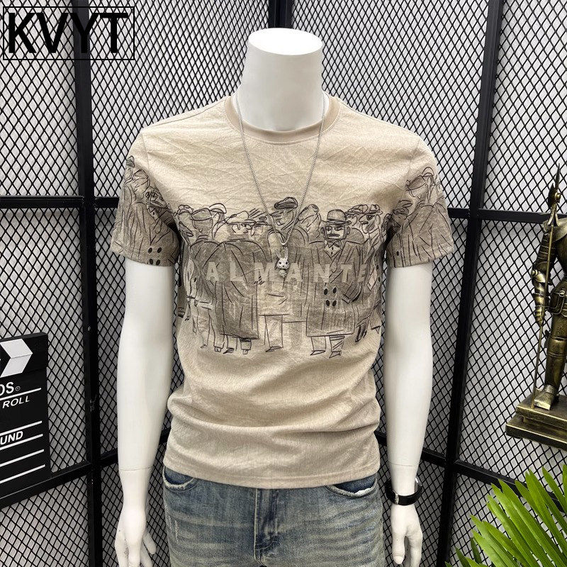 男士短袖t恤潮牌2026新款痞帅高级感圆领上衣棉麻料打底体恤衫夏