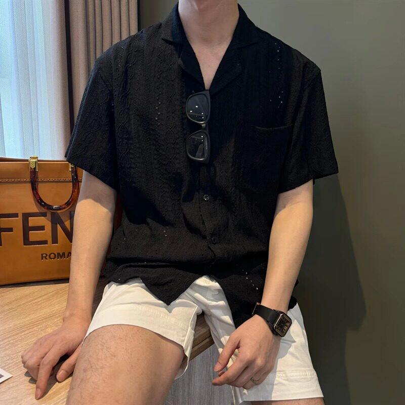 韩国Uamtor男士夏季衬衫透气宽松版古巴领复古老钱风慵懒镂空上衣