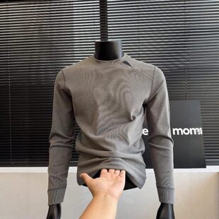 高端抓绒小圆领打底衫男士2025新款冬季薄绒卫衣内搭长袖T恤男款