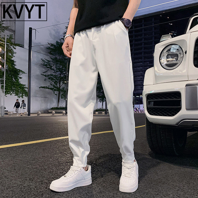 潮牌冰丝裤子男款夏季薄款男装潮流痞帅男裤哈伦裤束脚休闲运动裤