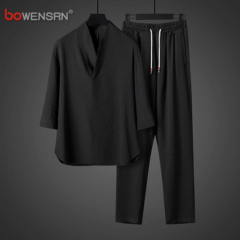 新中式冰丝短袖t恤男士夏季套装2026新款V领国风七分袖汉服男夏装