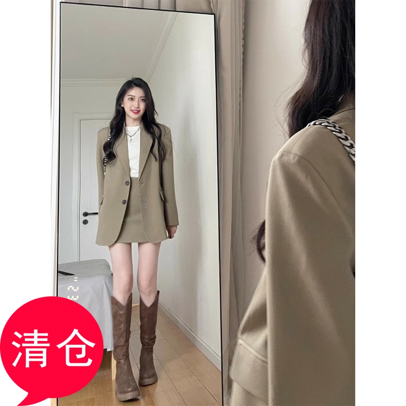KEFI大码胖mm西装外套女秋冬新款高级感长袖高腰显瘦半身裙两件套