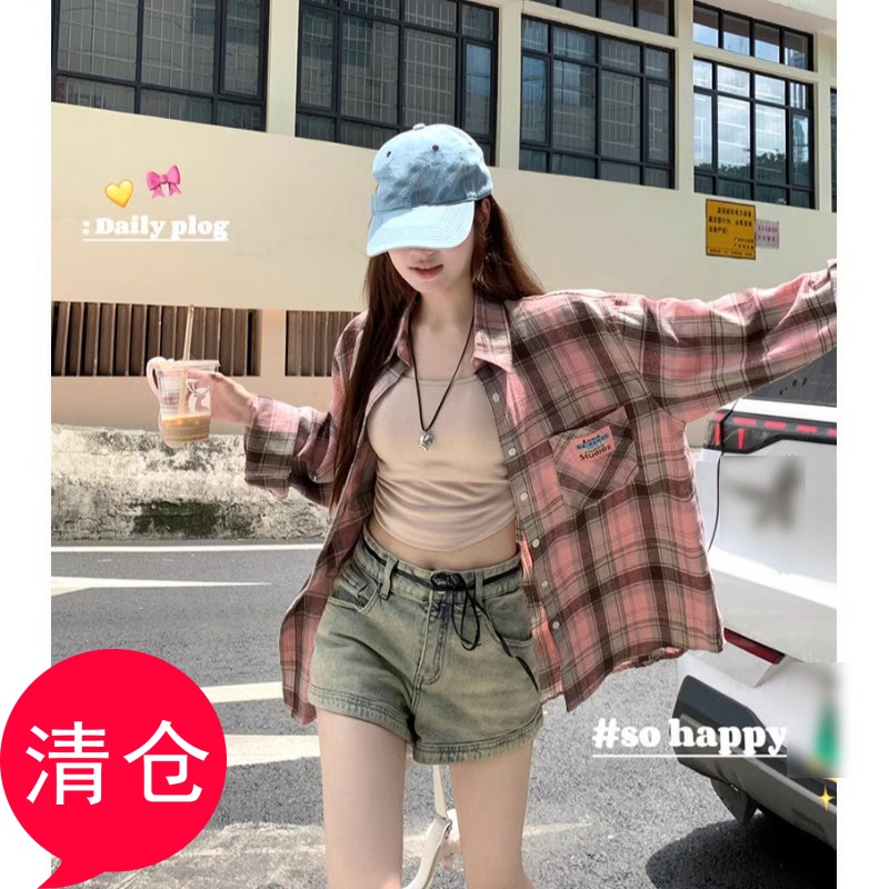 大码格子衬衫女长袖新款宽松衬衣休闲女款粉色女士高级格纹纯棉