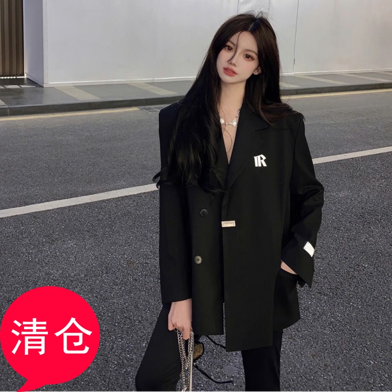 大码高级西装外套女春秋宽松垫肩黑色西服新款春季个性