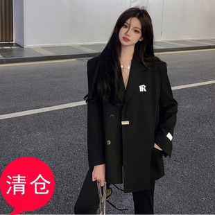 个性 大码 春季 外套女春秋宽松垫肩黑色西服新款 高级西装