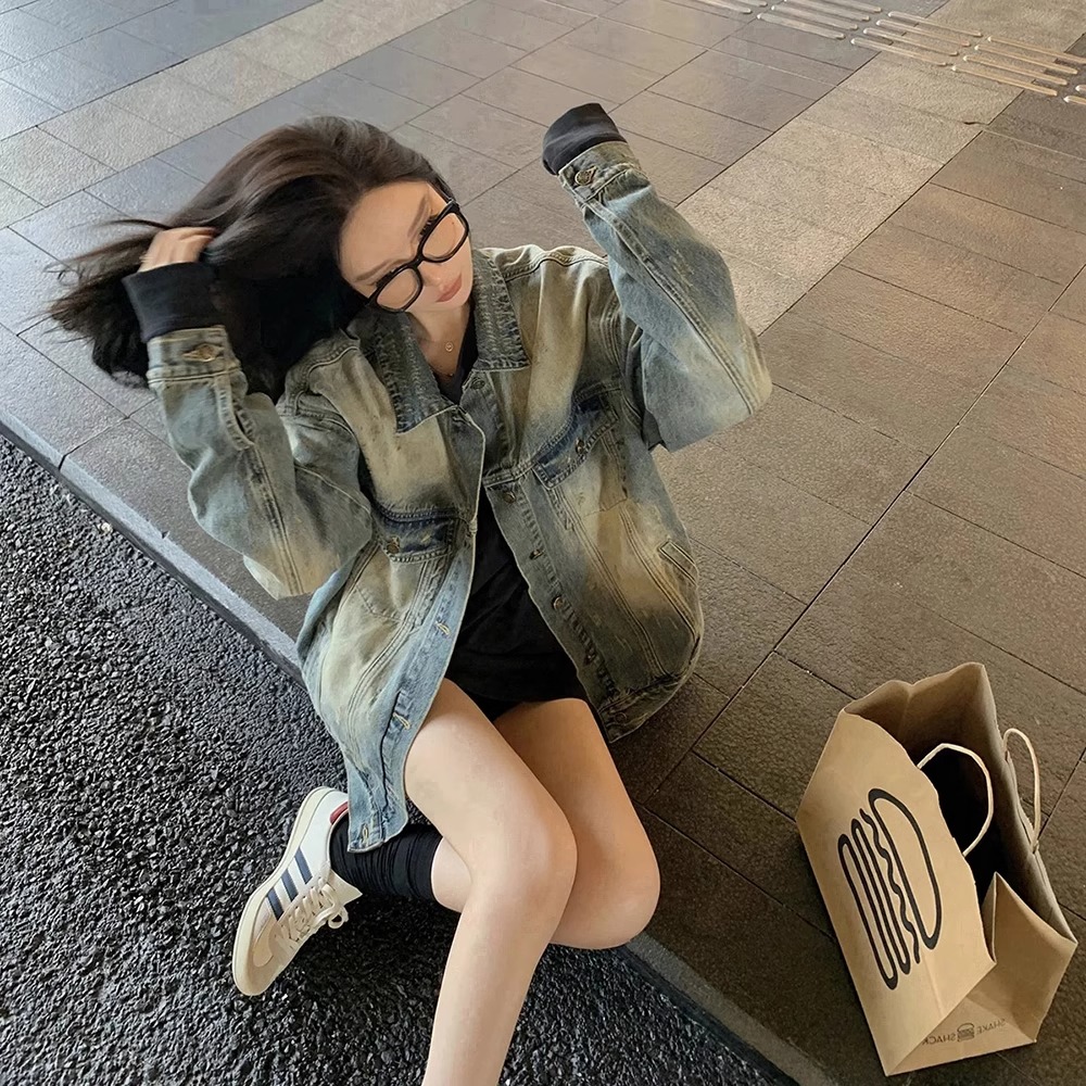 KEFI大码胖mm水洗牛仔外套女2024秋冬美式复古高街宽松做旧上衣