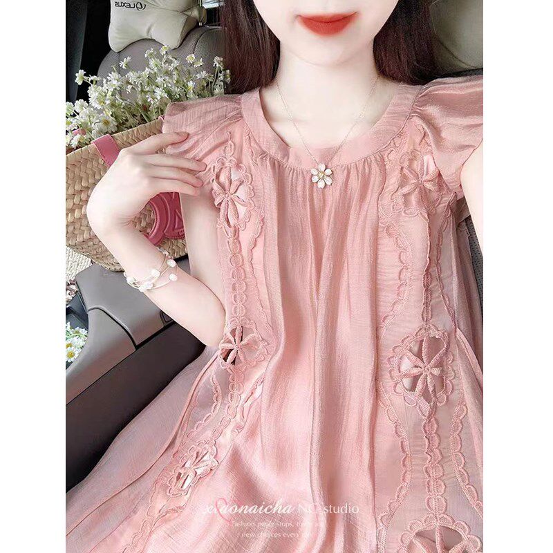 速发孕妇连衣裙夏季孕妈高级感穿搭潮妈藕粉色镂空小飞袖气质裙子