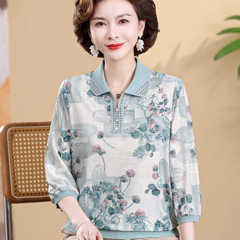 速发妈妈装真丝宽松翻领上衣服中中老年女装