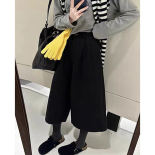秋冬新款时尚百搭毛呢八分黑色阔腿裤女高腰显瘦加厚宽松复古直筒