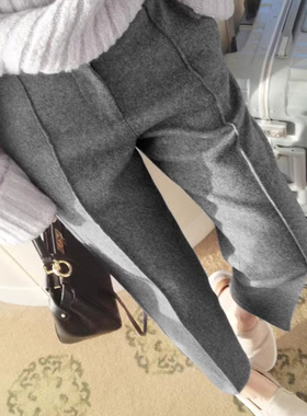 灰色毛呢烟管裤女秋冬2026新款小脚九分哈伦小个子显瘦直筒奶奶裤