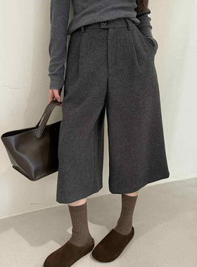 秋冬灰色时尚高腰显瘦加厚宽松复古直筒毛呢七分八分阔腿裤现货