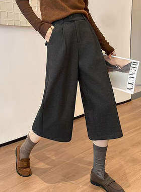 灰色七分毛呢阔腿裤秋冬保暖加厚女裤设计大码高腰显瘦宽松休闲裤