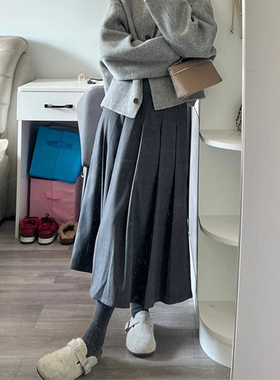 秋冬新款韩剧灰色毛呢半身裙女秋冬大码胖mm显瘦百褶a字裙中长款