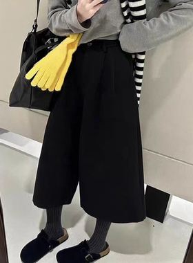 灰色韩系毛呢七分阔腿裤2026新款设计小个子呢子保暖加绒加厚显瘦