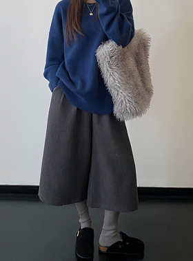 灰色阔腿裤巨百搭超好看毛呢秋冬宽松休闲大码裤女保暖高级感通勤