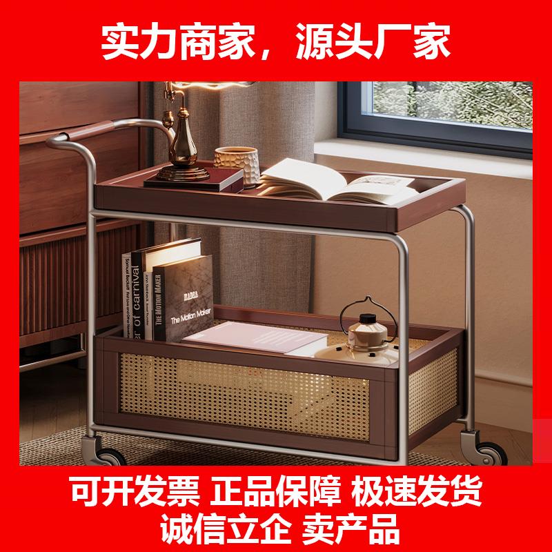 新款推车可移动实木茶几复古客厅边几家用收纳藤编零食餐车置物架