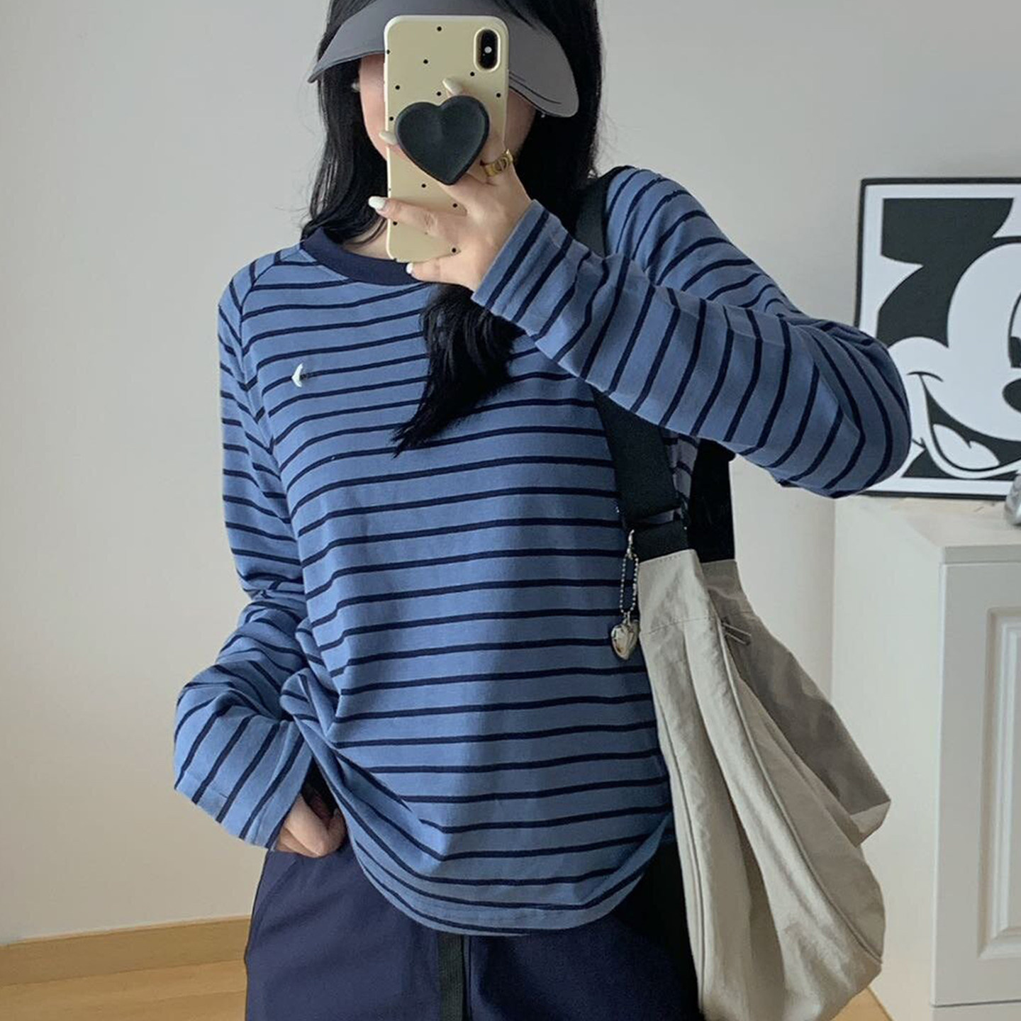 福利款 素秋季减龄宽松女士休闲干爽条纹拼色圆领长袖T恤套头刺绣