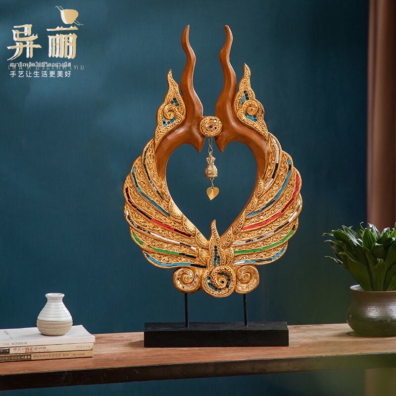 异丽泰国实木工艺品摆设客厅玄关东南亚装饰品木雕摆件吉祥凤角