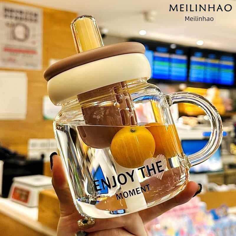茶与水分离茶杯2025新型高硼硅玻璃杯，手柄高look女孩吸管杯