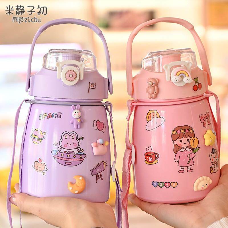 网红大肚杯304不锈钢保温杯大容量水杯保温壶背带儿童吸管上学用