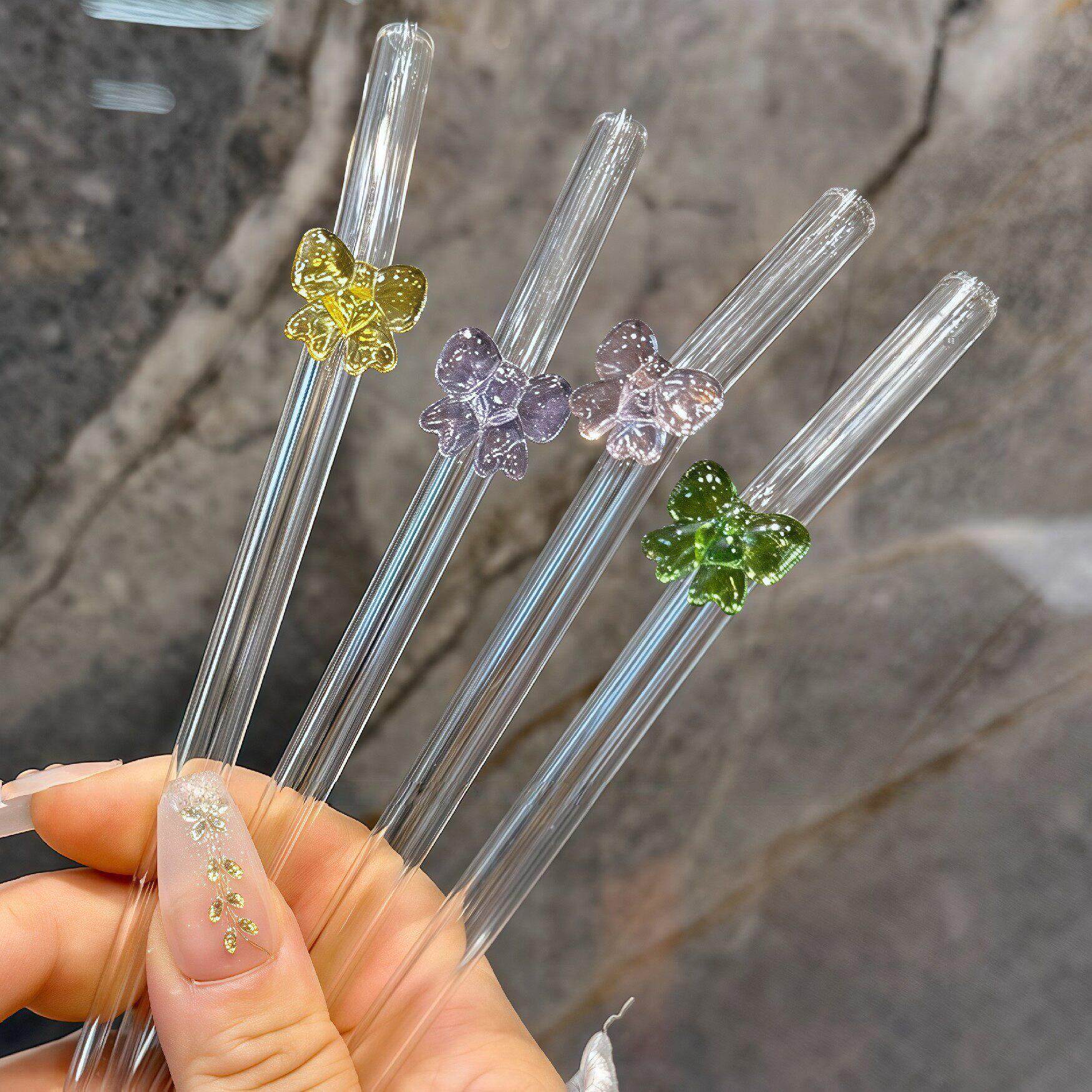 高颜值蝴蝶结吸管ins风精致喝水杯玻璃吸管果汁咖啡牛奶弯头吸管
