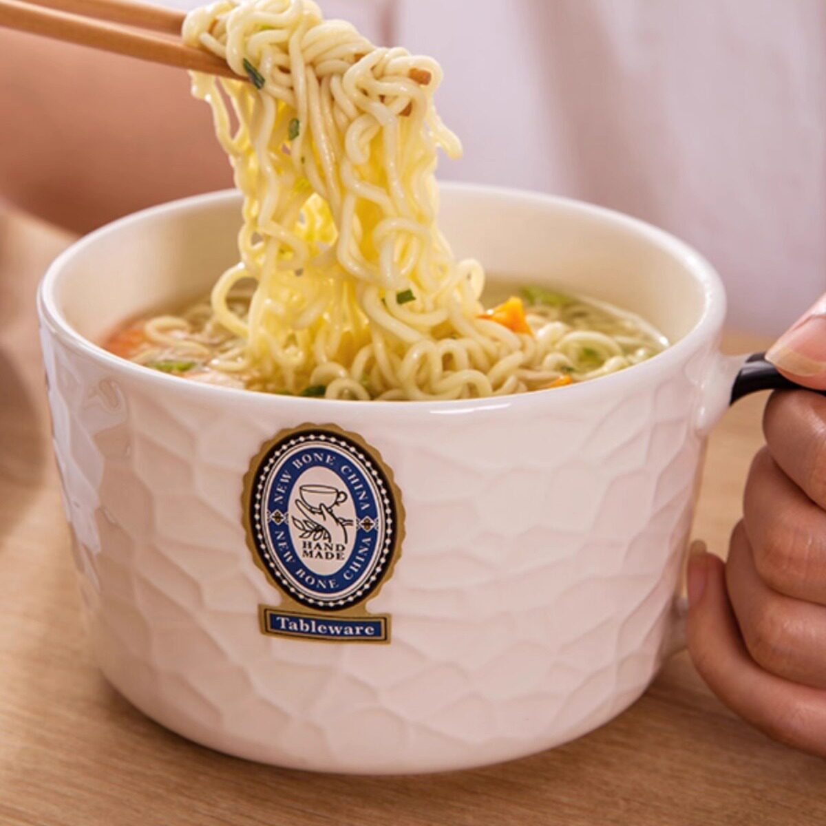 陶瓷泡面碗带盖宿舍用学生带手柄碗食堂打饭盒个人专用可微波炉碗
