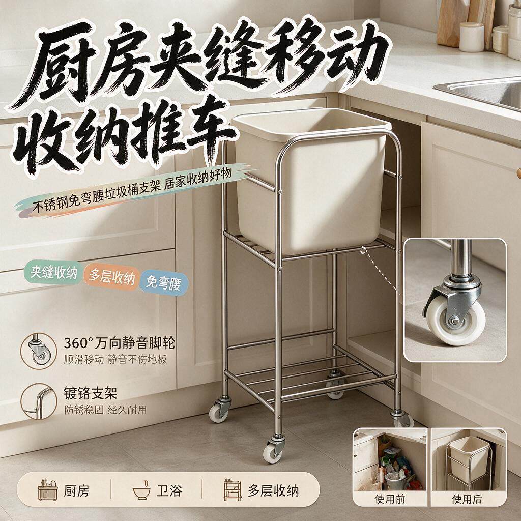 免弯腰收纳架diy不锈钢厨房垃圾桶支架夹缝移动推车置物架带轮储