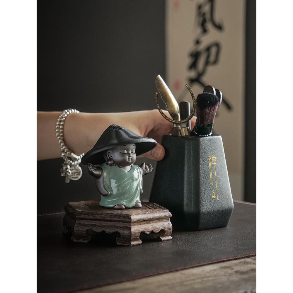 哥窑小和尚茶宠茶玩可养茶台摆件家用茶漏一体过滤网茶具零道配件