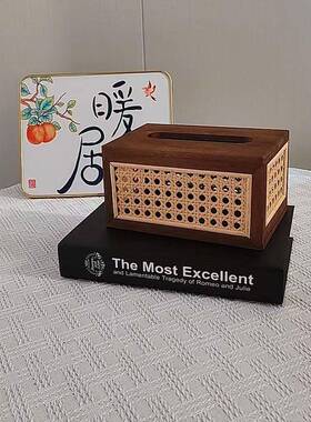 日式思厅木相藤编厅纸巾盒复古手工编织抽纸盒家用客KVW餐轻奢风