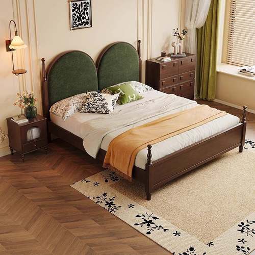 法复式卧古实木床1.8米主双1人大床布艺软靠包.5IHS米美式中古风