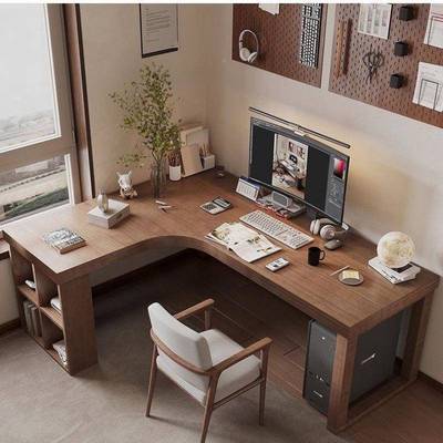 实木转书书架组合室家卧用7字型写字台IBD角落拐角桌台角式电脑桌